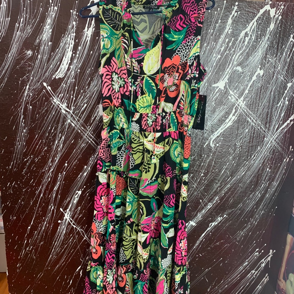 Sam and Jess Tropical Floral Smocked Maxi Dress Black Pink Green DA91975946S LP